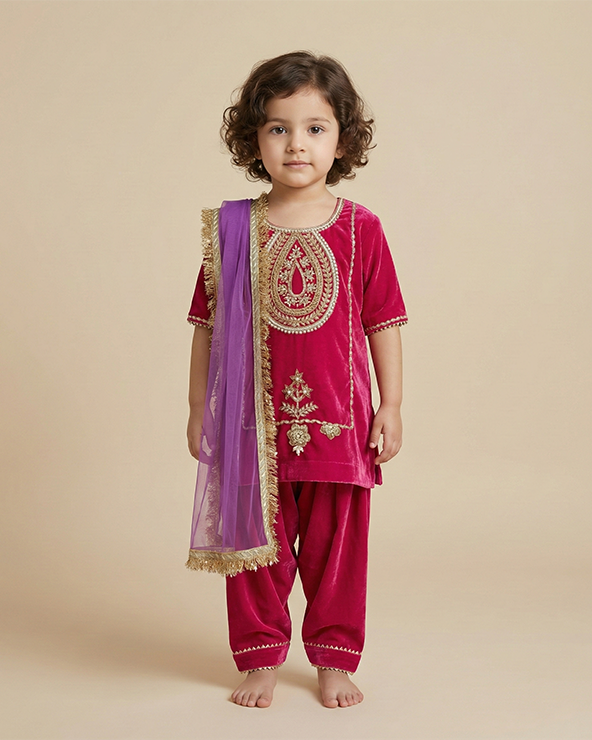 Girl wearing magenta pink velvet kurta salwar set with dupatta
