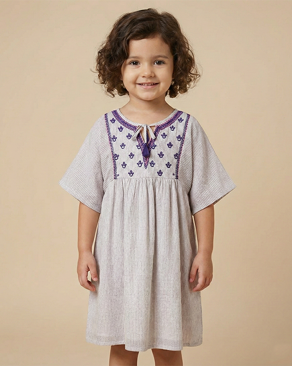 Girl wearing neutral beige premium cotton dress with embroidered detailing