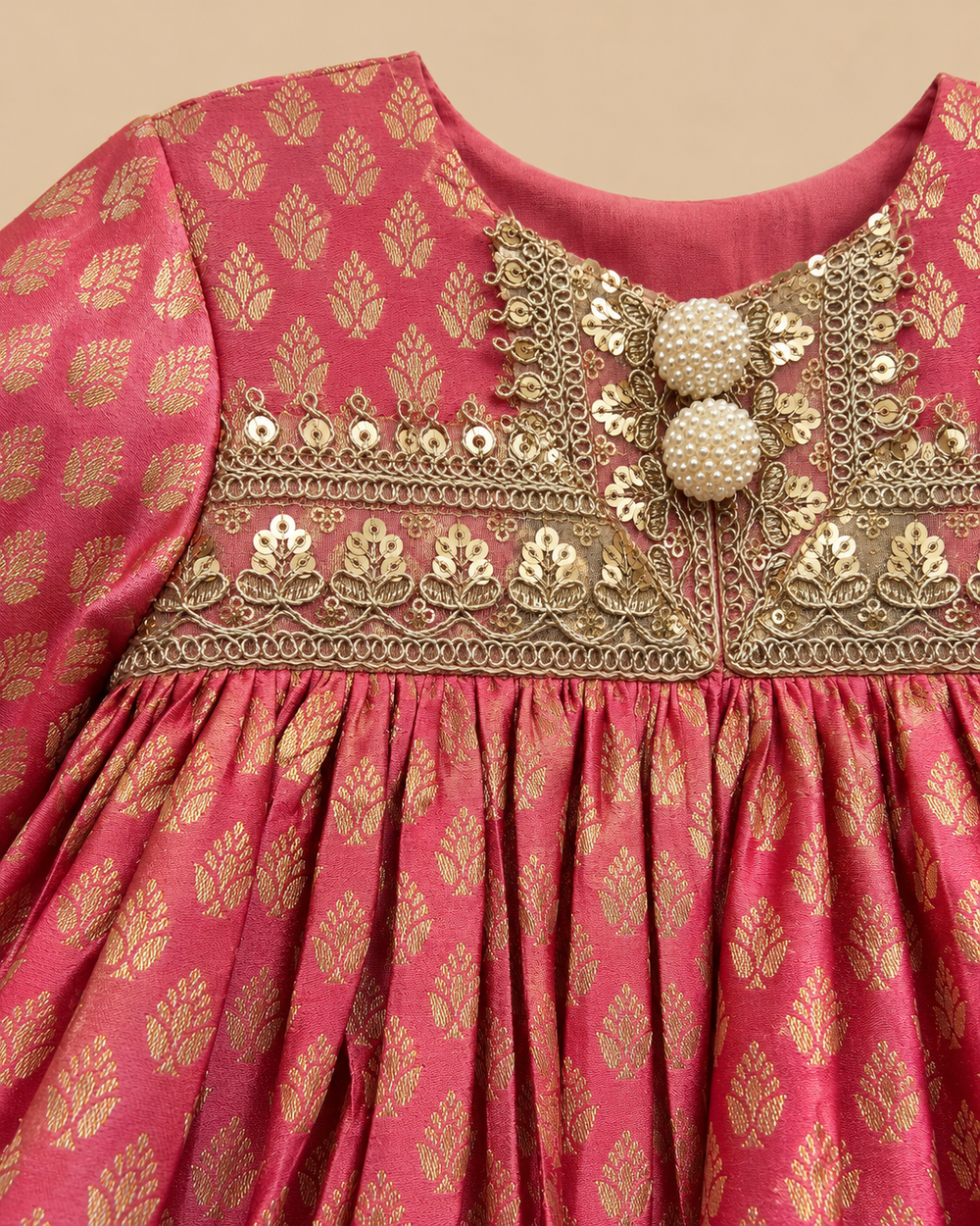 Girls Pink Banarasi Top with Sage Green Chanderi Silk Salwar Set