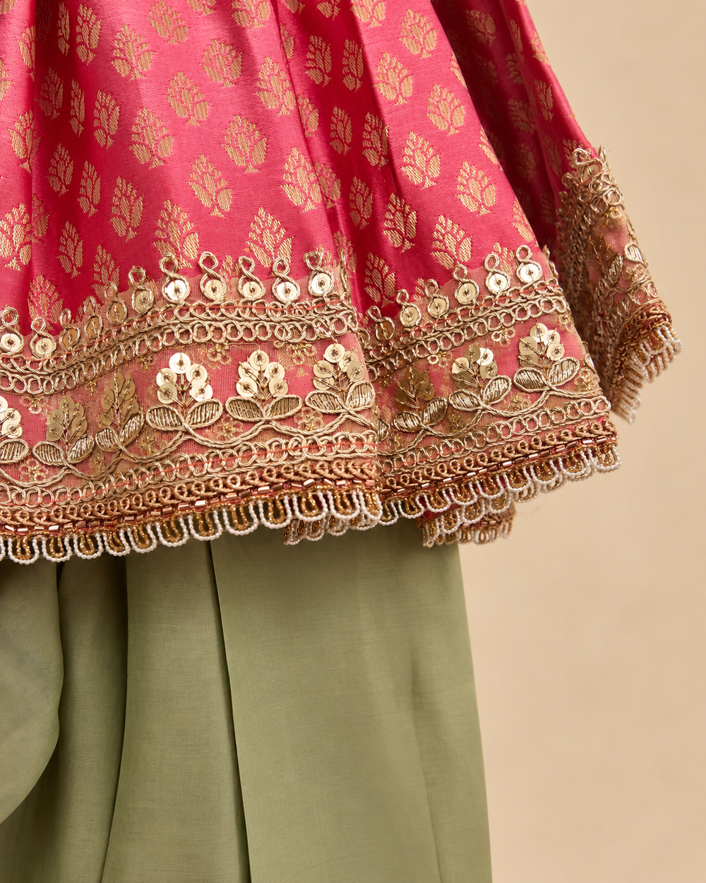 Girls Pink Banarasi Top with Sage Green Chanderi Silk Salwar Set