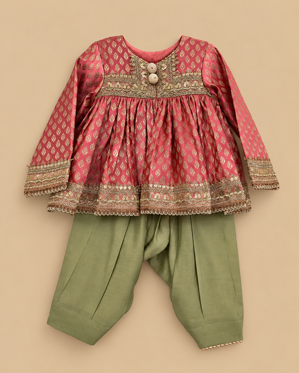 Girls Pink Banarasi Top with Sage Green Chanderi Silk Salwar Set