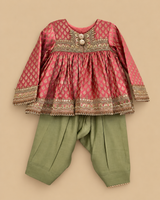 Girls Pink Banarasi Top with Sage Green Chanderi Silk Salwar Set