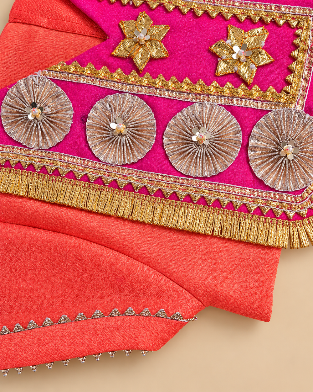Girls Coral Pink Tissue Lehenga Set with Gota Work and Embellished Blouse