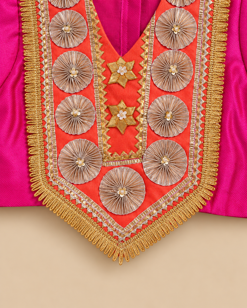 Girls Pink Tissue Fabric Lehenga Set with Gota Work and Embellished Blouse