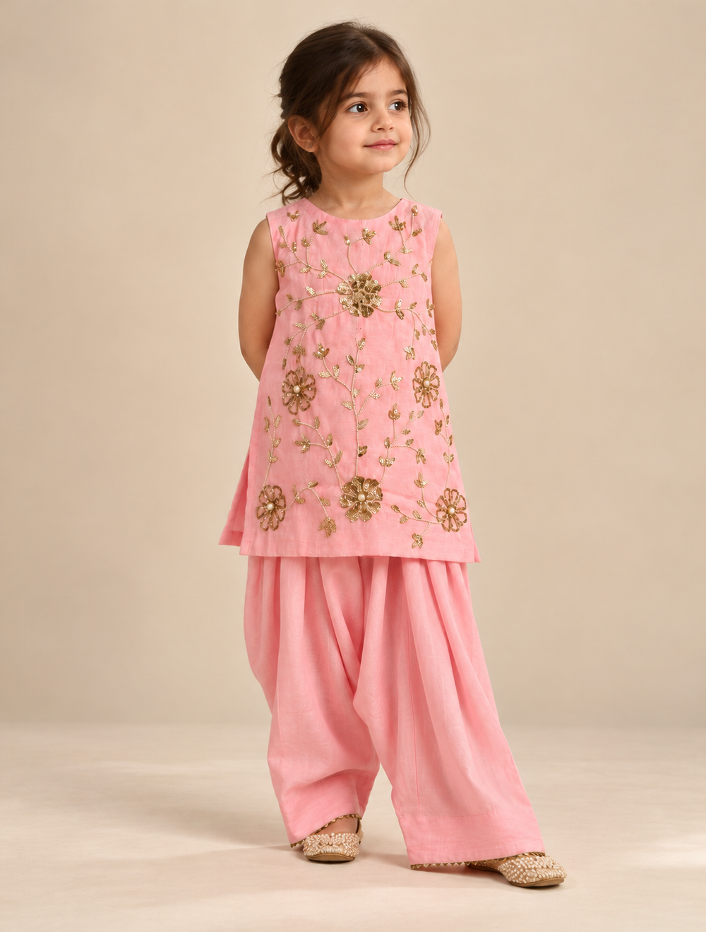 Girls Pink Chanderi Salwar Set with Sequin Hand Embroidery