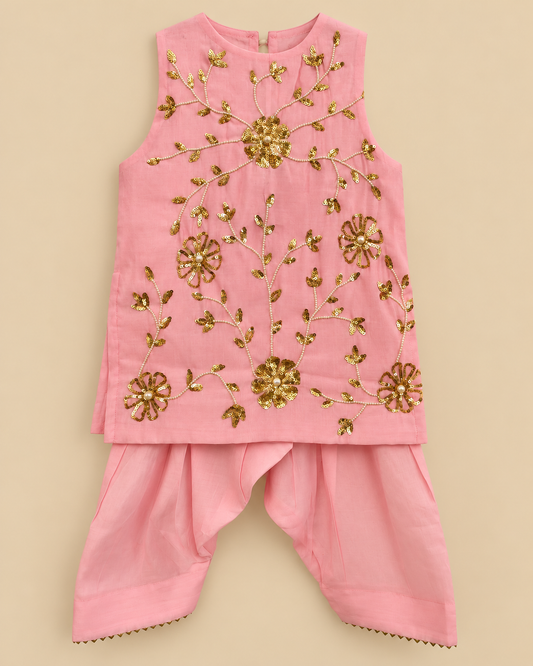 Girls Pink Chanderi Salwar Set with Sequin Hand Embroidery