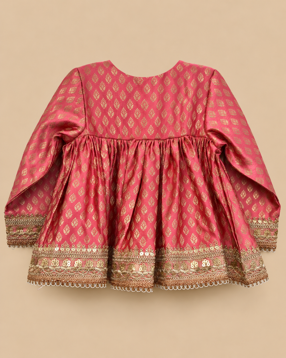 Girls Pink Banarasi Top with Sage Green Chanderi Silk Salwar Set