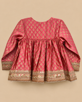 Girls Pink Banarasi Top with Sage Green Chanderi Silk Salwar Set