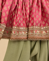 Girls Pink Banarasi Top with Sage Green Chanderi Silk Salwar Set