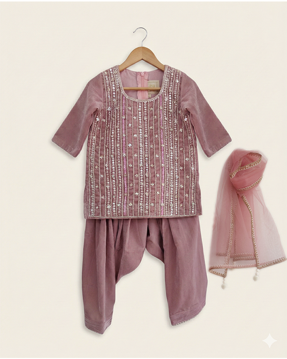 Dusty pink embroidered kurta salwar set for girls ethnic wear
