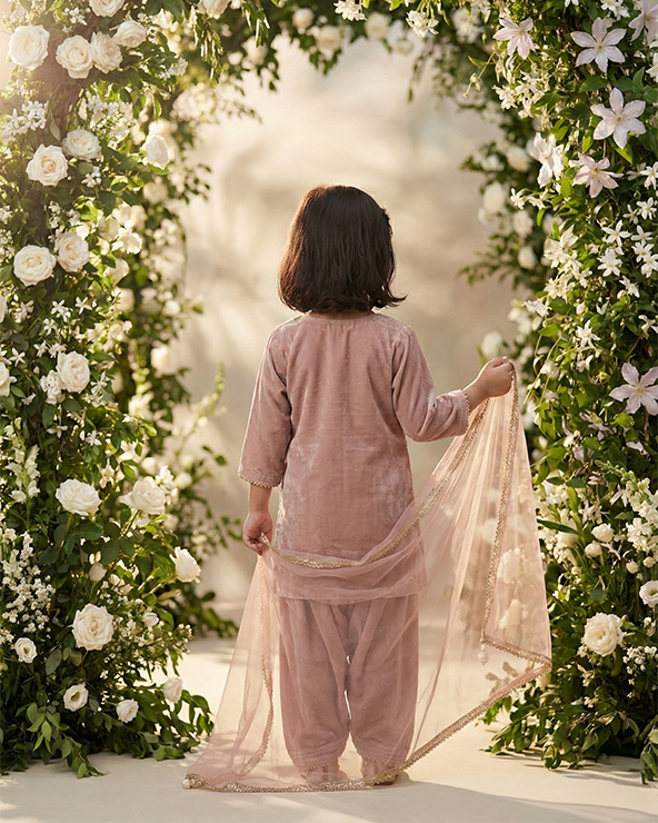 Dusty Pink Embroidered Kurta Salwar Set for Girls | Festive Ethnic Wear