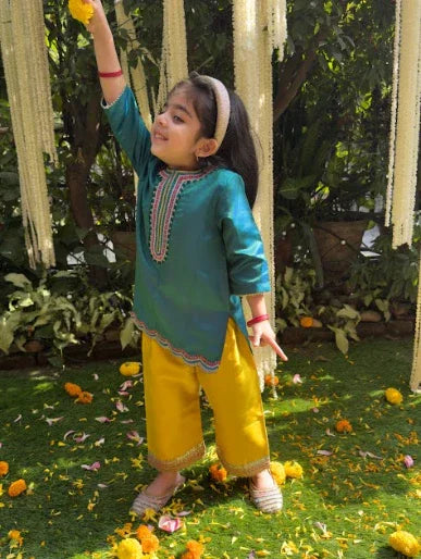 Green Satin Silk Kurti Set