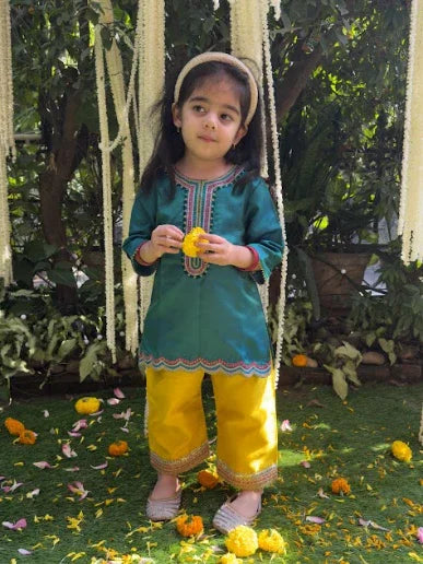 Green Satin Silk Kurti Set