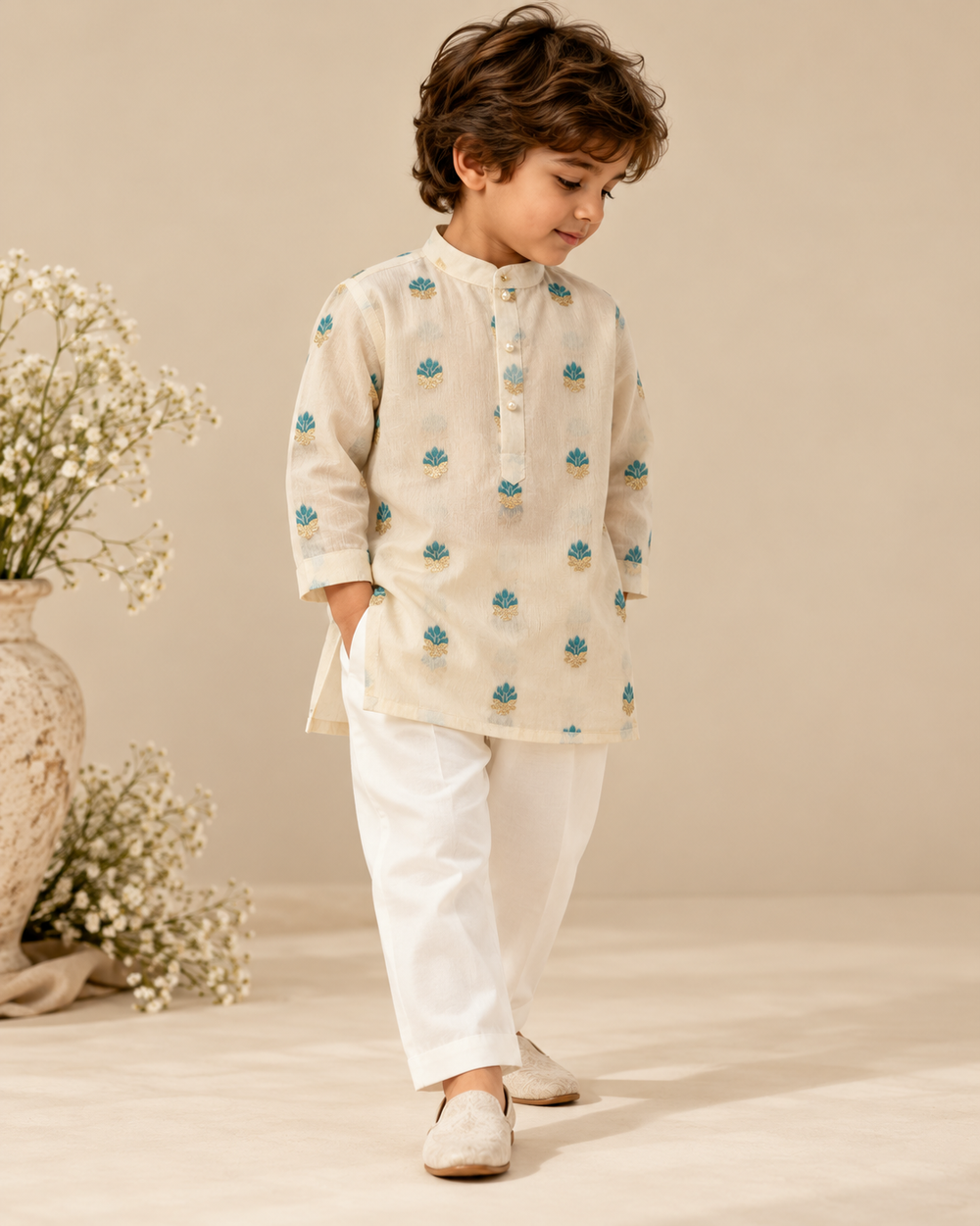 Boy wearing an ivory Chanderi kurta set with teal and gold zari floral motifs, pearl buttons and matching trousers.