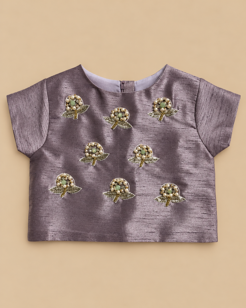 Girls Lavender Pearl Hand-Embroidered Top with Ivory Tulle Skirt Set