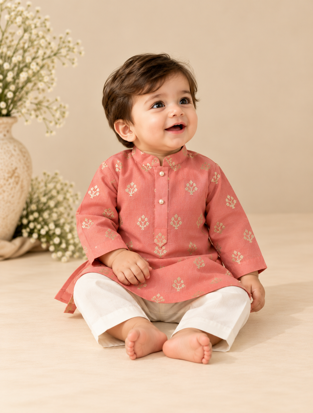 Baby boy wearing a coral pink Chanderi kurta with gold zari floral buta motifs, pearl buttons and matching ivory bottoms.