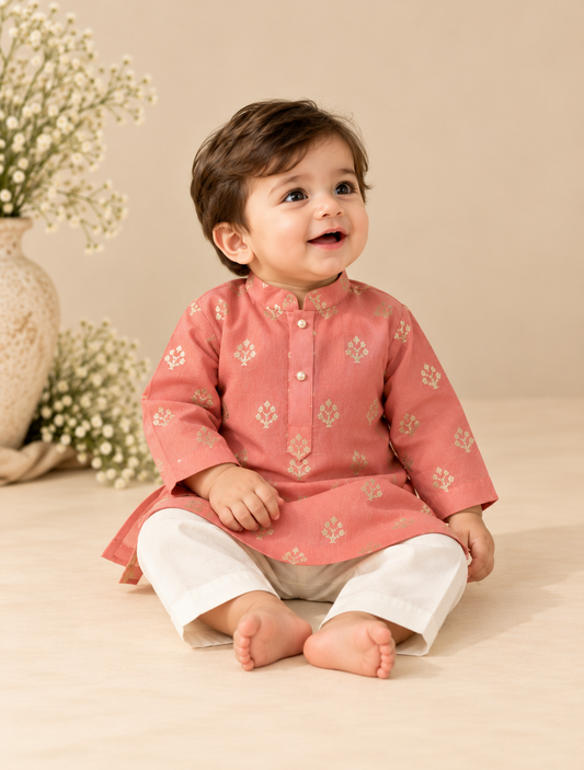 Baby boy wearing a coral pink Chanderi kurta with gold zari floral buta motifs, pearl buttons and matching ivory bottoms.