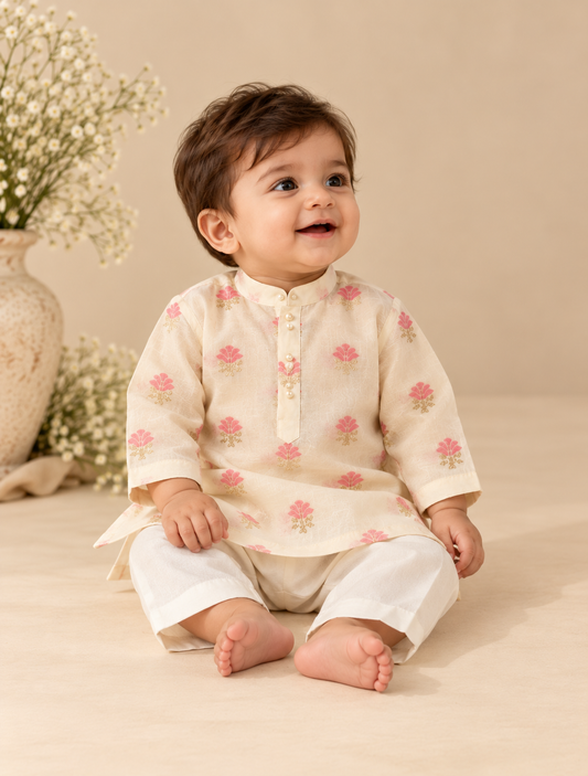 Baby boy wearing an ivory Chanderi kurta set with pink and gold zari floral boota motifs, pearl buttons and matching bottoms.