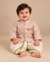Peach raw silk Zardozi embroidered kurta dhoti set for boys