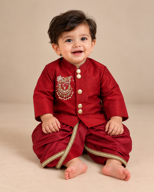 Maroon Raw Silk Zardozi Embroidered Kurta Dhoti Set for Boys