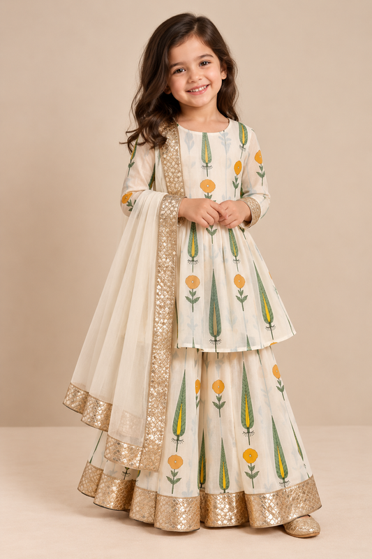 Girls Floral Printed Pure Cotton Anarkali Lehenga Set with Dupatta
