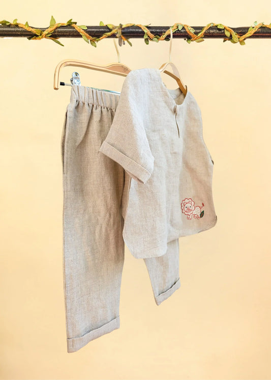 Beige embroidered Pure linen cord set