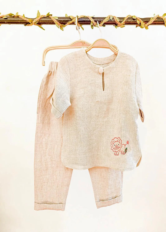 Beige embroidered Pure linen cord set