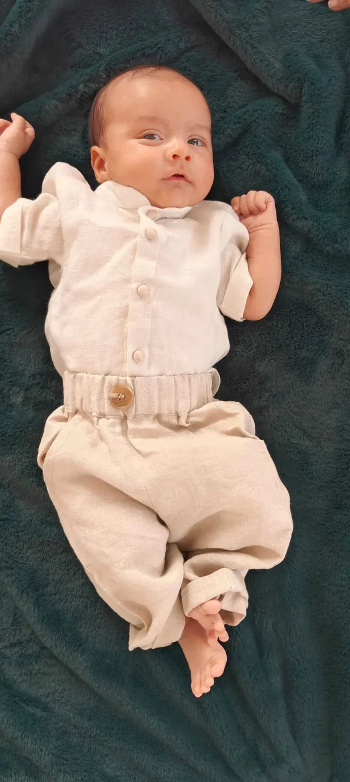 Off white linen shirt and beige pant set