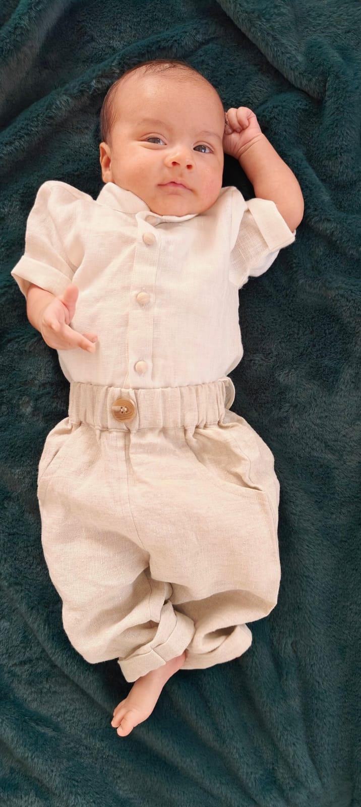 Off white linen shirt and beige pant set