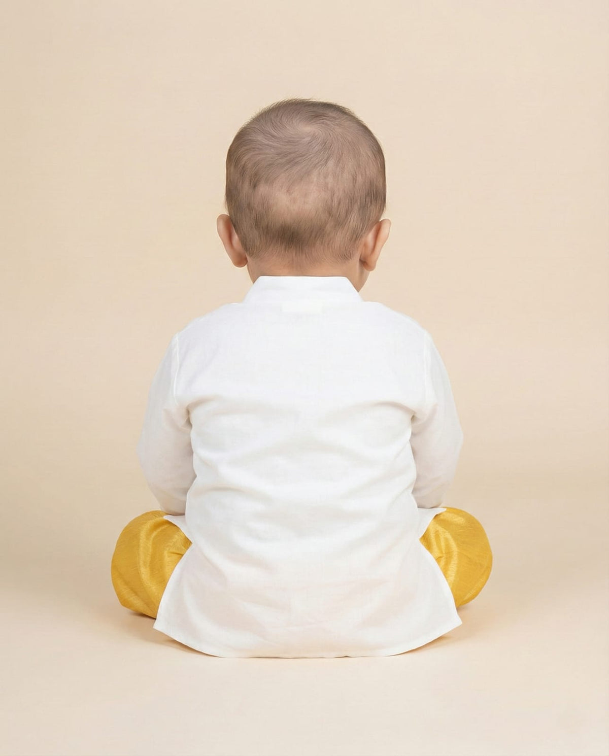 Off white cotton kurta dhoti set for babies with moti & gota work