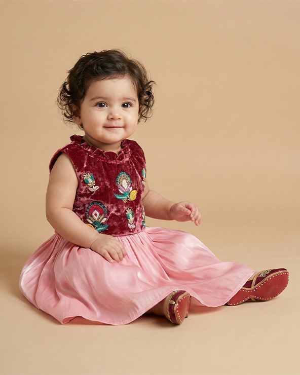 Wine velvet blouse with pink organza skirt set for baby girls