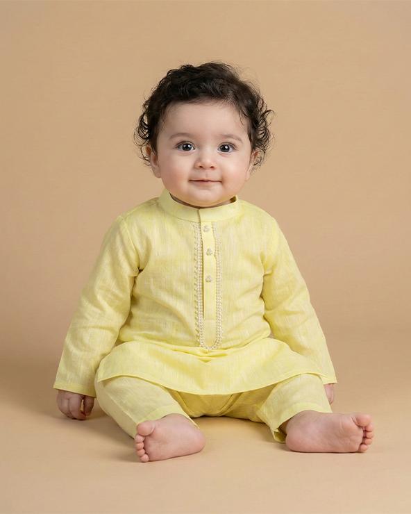 Lime Yellow Pure Linen Short Kurta Pajama Set for Babies