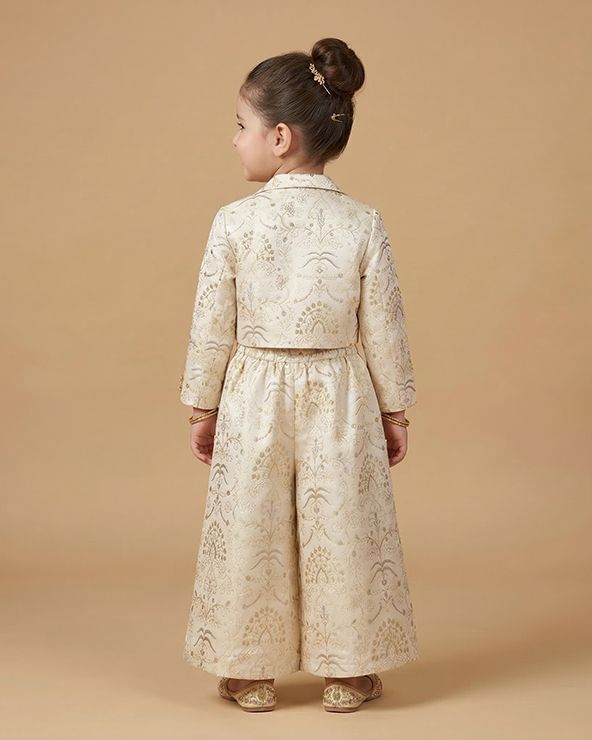 Ivory Silk Girls Crop Jacket & Culottes Set with Embroidery and Sequins