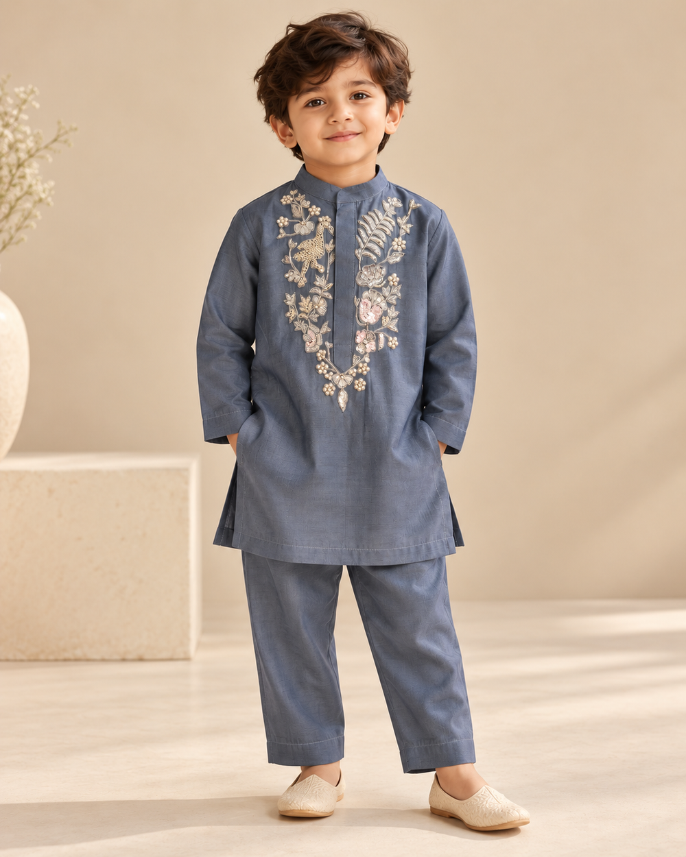 Boys slate blue Chanderi kurta and trouser set with intricate pearl and zardozi floral embroidery on the front.