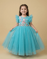 Aqua Blue Tulle Girls Party Gown with Floral Embroidery & Satin Lining - BYB PREMIUM