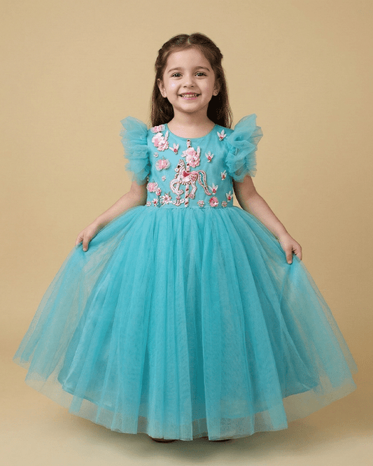 Aqua Blue Tulle Girls Party Gown with Floral Embroidery & Satin Lining - BYB PREMIUM