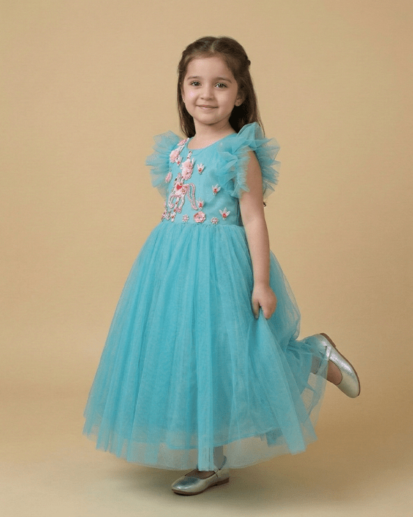 Aqua Blue Tulle Girls Party Gown with Floral Embroidery & Satin Lining - BYB PREMIUM