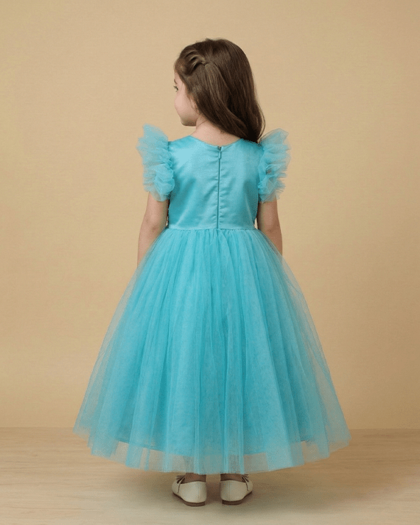 Aqua Blue Tulle Girls Party Gown with Floral Embroidery & Satin Lining - BYB PREMIUM