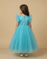 Aqua Blue Tulle Girls Party Gown with Floral Embroidery & Satin Lining - BYB PREMIUM
