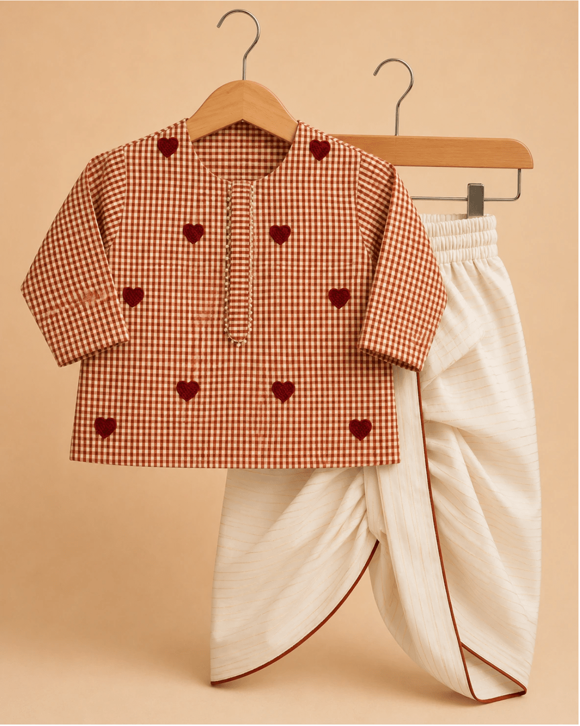 Baby boys brown gingham cotton kurta with dhoti pants set   byb premium