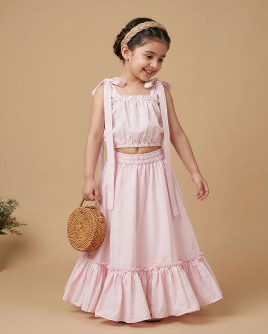 Baby Pink Cotton Girls Co-ord Set with Tie-Up Top & Flared Skirt - BYB PREMIUM