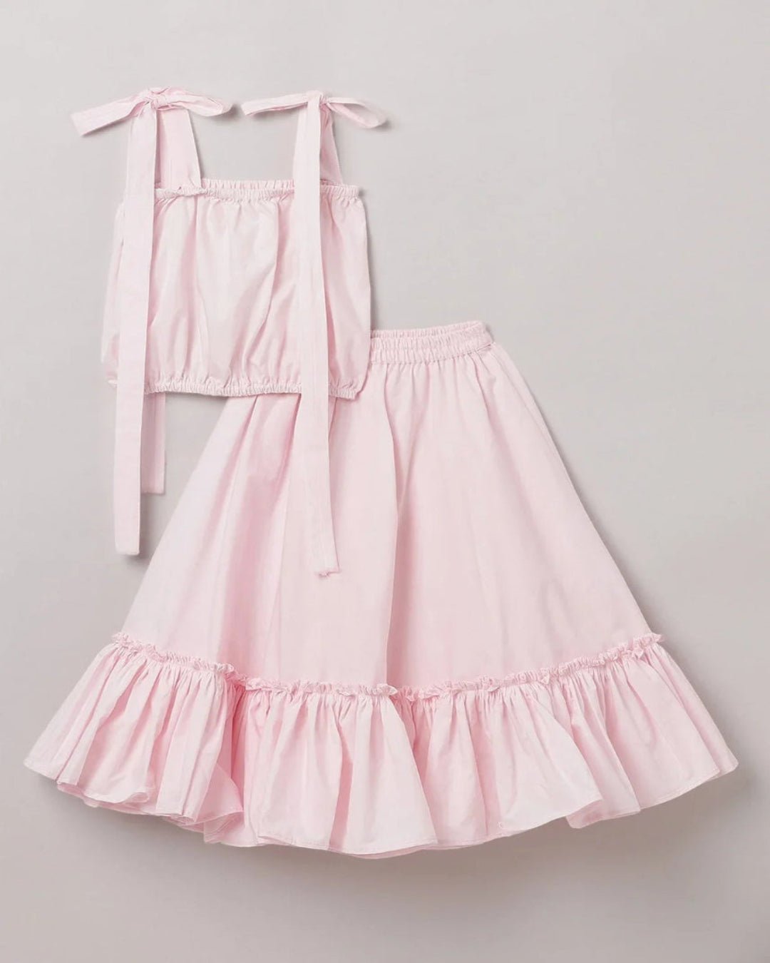 Baby pink cotton girls co ord set with tie up top & flared skirt   byb premium