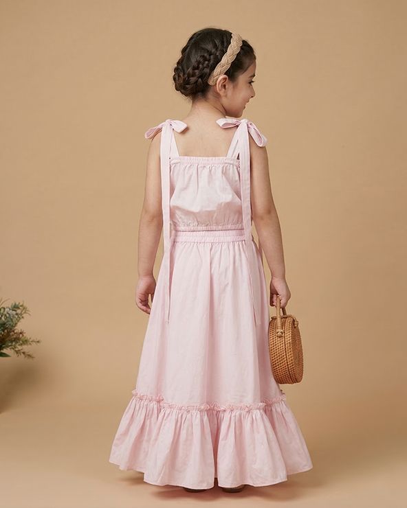 Baby pink cotton girls co ord set with tie up top & flared skirt   byb premium