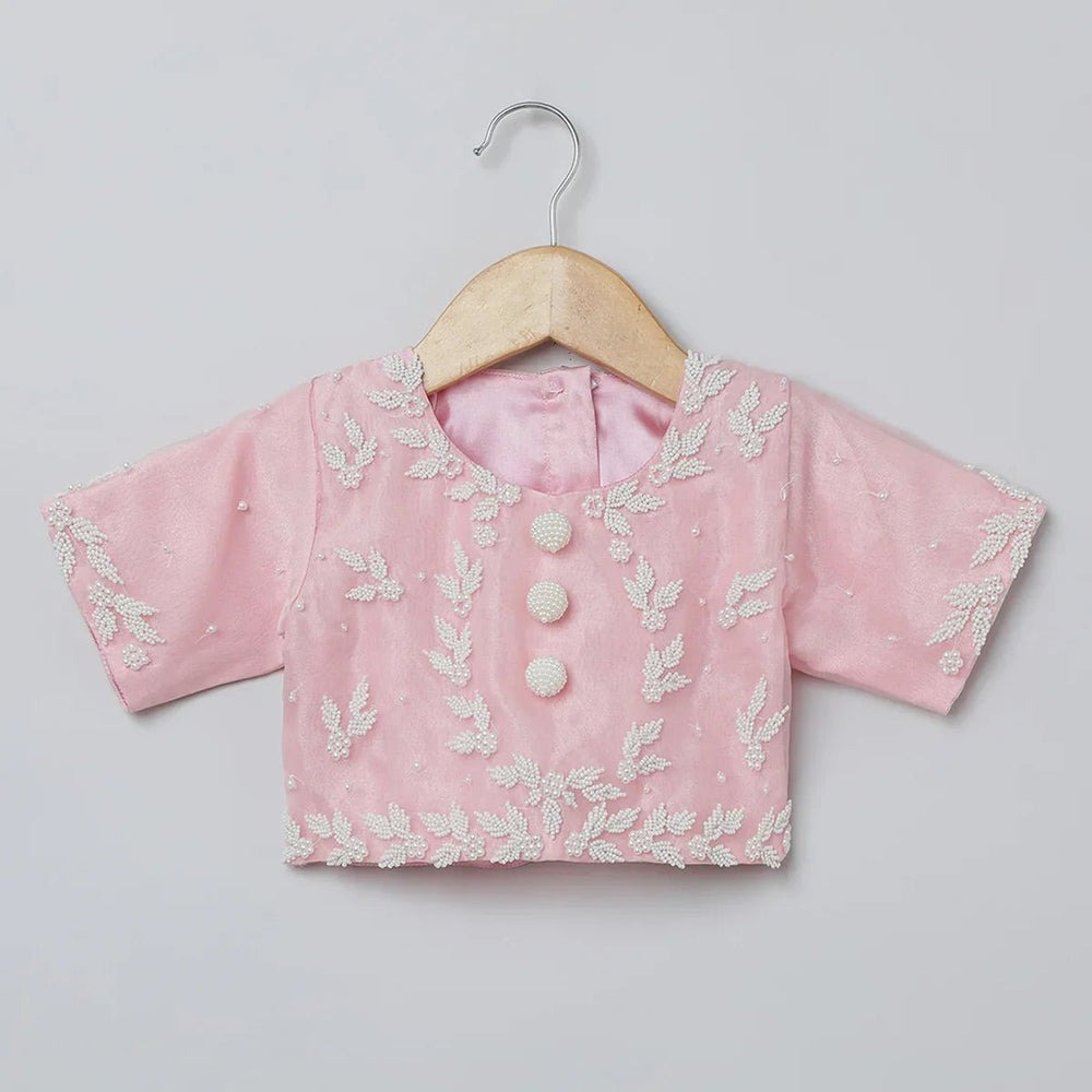 Baby Pink Organza Girls Lehenga Choli Set with Pearl Embroidery & Dupatta - BYB PREMIUM
