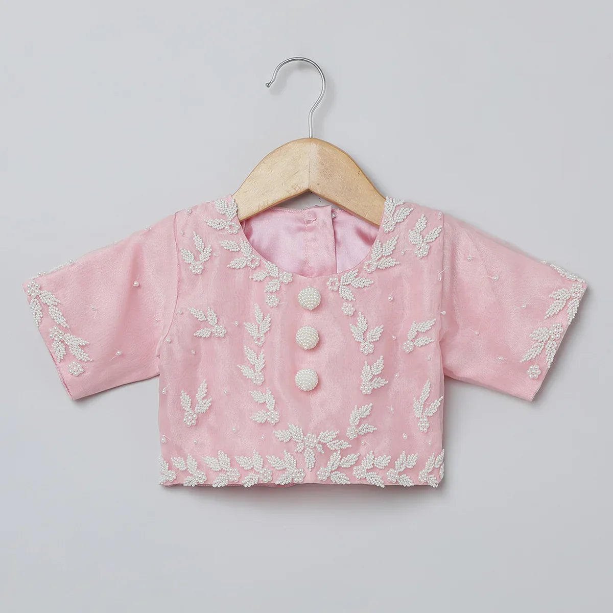 Baby pink organza girls lehenga choli set with pearl embroidery & dupatta   byb premium