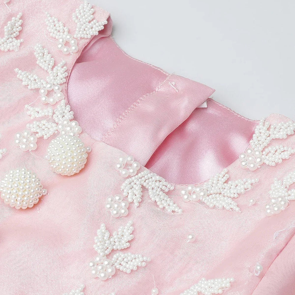 Baby Pink Organza Girls Lehenga Choli Set with Pearl Embroidery & Dupatta - BYB PREMIUM