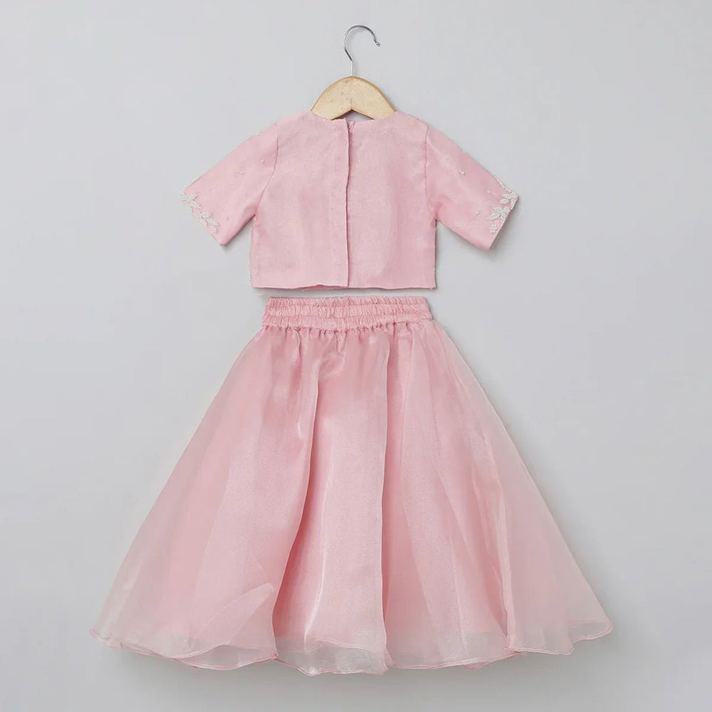 Baby Pink Organza Girls Lehenga Choli Set with Pearl Embroidery & Dupatta - BYB PREMIUM