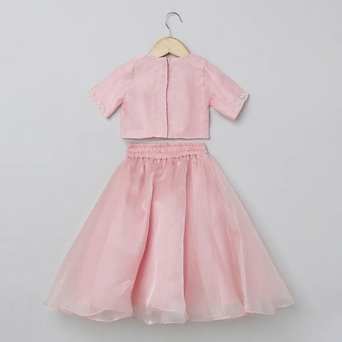 Baby pink organza girls lehenga choli set with pearl embroidery & dupatta   byb premium
