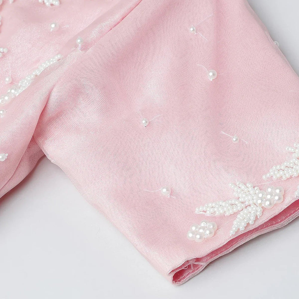 Baby Pink Organza Girls Lehenga Choli Set with Pearl Embroidery & Dupatta - BYB PREMIUM