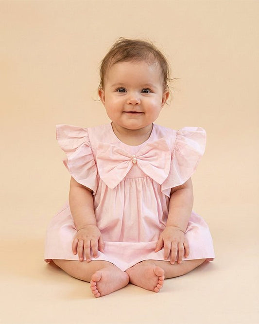 Baby Pink Paper Poplin Butterfly Sleeve Top with Pearl Bow - BYB PREMIUM